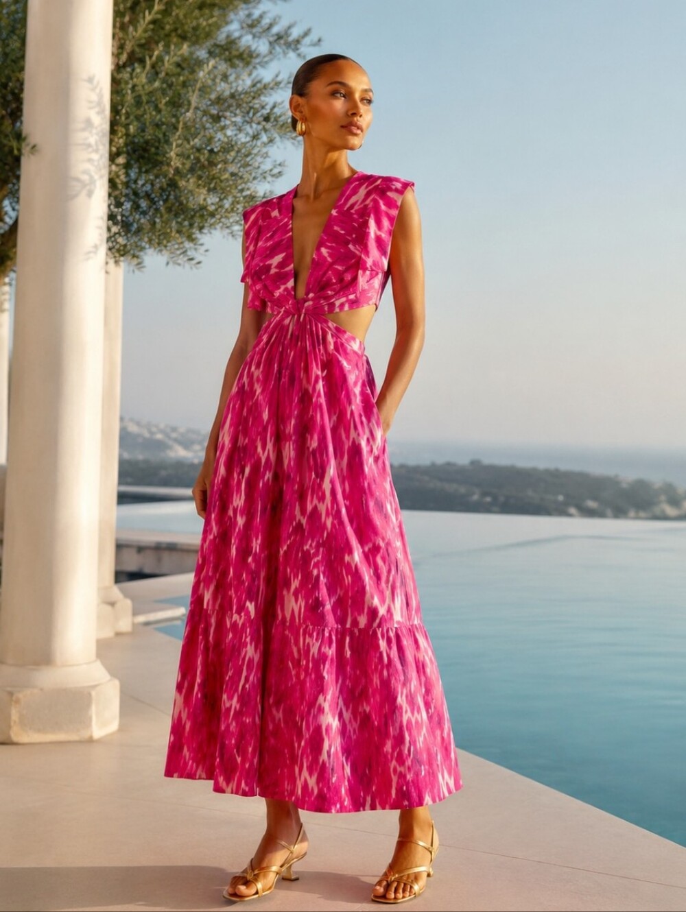 Jason Wu NWTs Pink Watercolor Ikat Cutout Maxi Dress